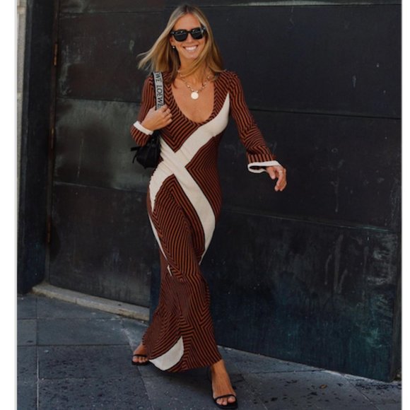 BLOGGER'S FAVE! Zara Striped Midi Dress Brown Sz XS, Small NWT - Picture 1 of 17